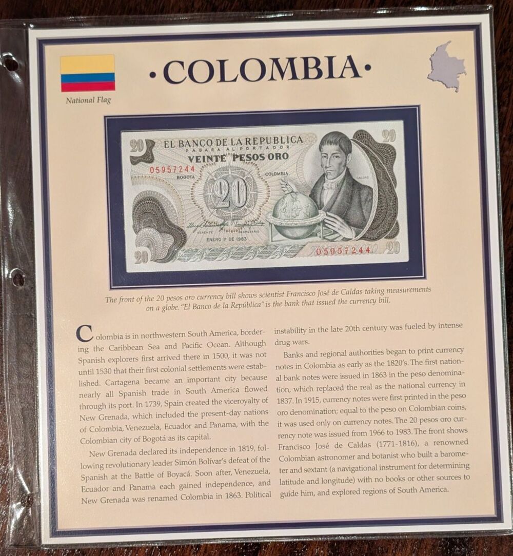 1983 Colombia 20 Pesos Oro Banknote – Educational Display Card UNC